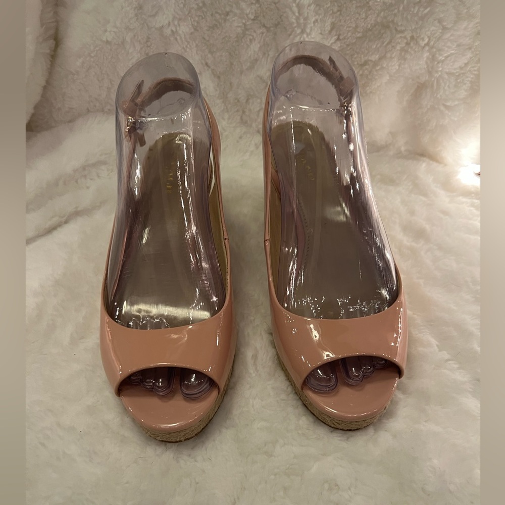 Coach Harmony Patent Leather Peep Toe Espadrille
Wedge Sling Backs in Peach Rose